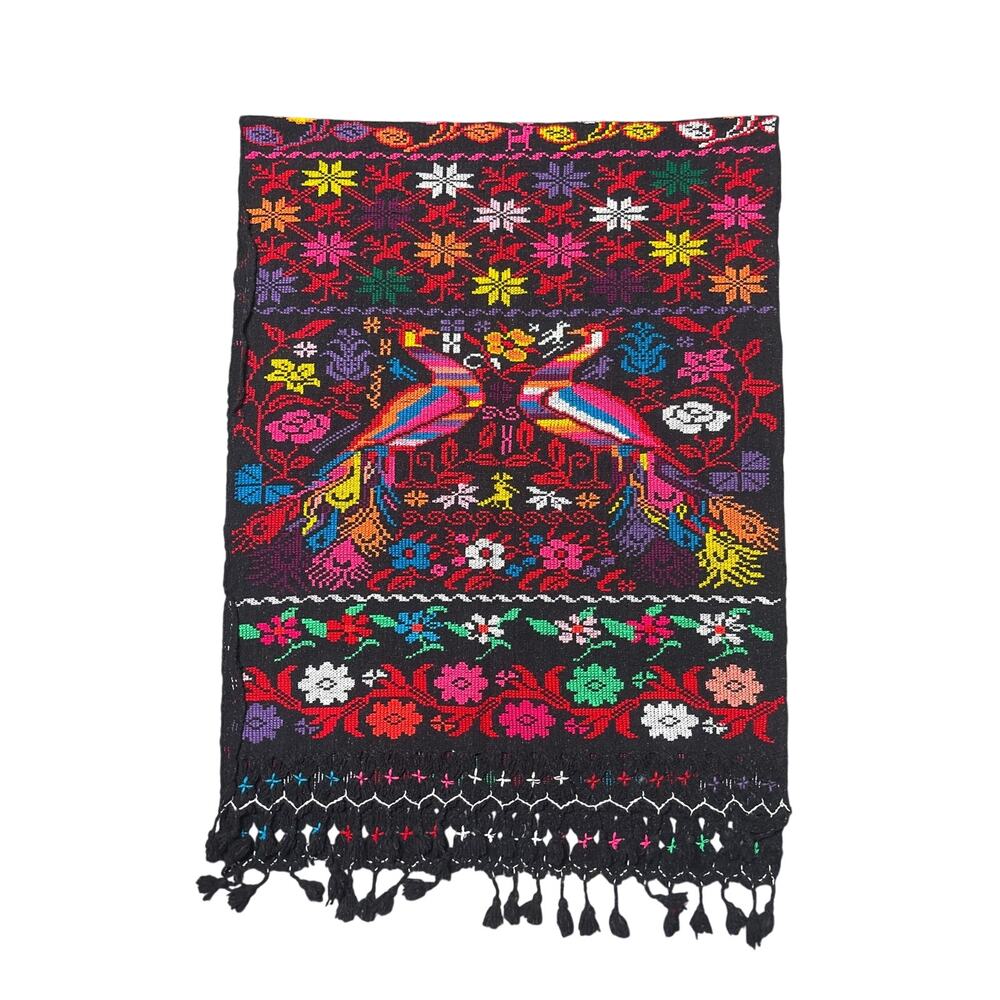 Artisan Mexican Hand-Embroidered Rebozo Shawl Peacock Floral Art To Wear Boho
